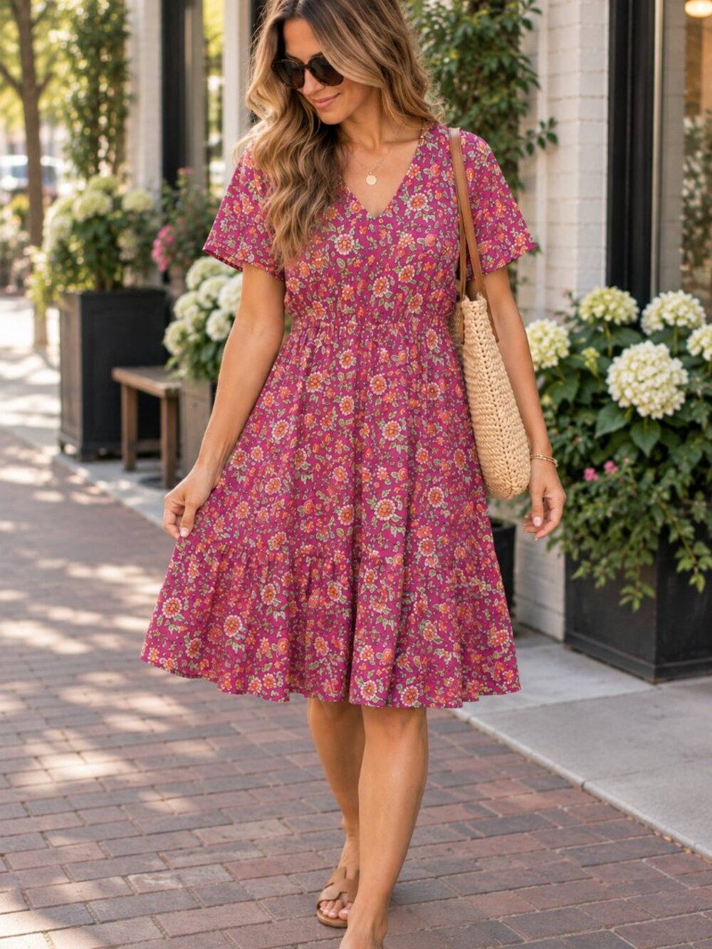 LOFT Pink Floral Flutter Sleeve Dress